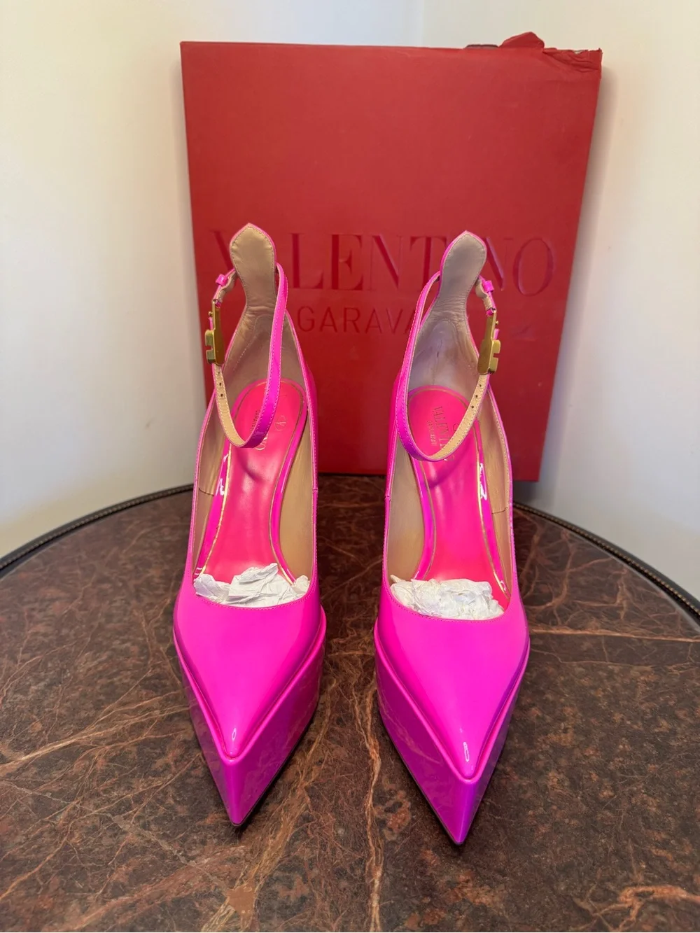 Valentino Garavani Pink PP Patent Leather Ankle Strap Pumps